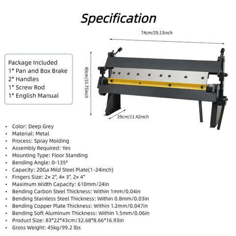 24 Inch Sheet Metal Brake With 0 To 135 Degree Bending, 20 Gauge Heavy Duty Industrial Metal Bender Featuring 3 Removable Fingers specs