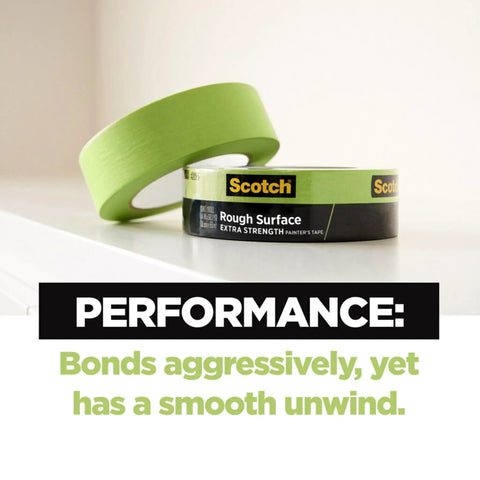 Rugged Painter's Tape For Rough Surfaces 1 Inch By 60 Yard Green 4 Pack on shelf, aggressive bond claimed, smooth unwinding shown