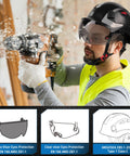 Heavy Duty Safety Helmet With Adjustable Clear And Tinted Visors, Ventilated Hard Hat, Ansi Z891 Certified No Nonsense Job Site Armor For Construction Work, Matte Black Shell, worn by a worker using a drill.
