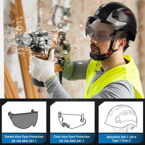 Heavy Duty Safety Helmet With Adjustable Clear And Tinted Visors, Ventilated Hard Hat, Ansi Z891 Certified No Nonsense Job Site Armor For Construction Work, Matte Black Shell, worn by a worker using a drill.