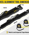Beefy Steel Toe Alignment Tool For Wheel Angles, Pro-Grade Wheel Alignment Kit With 2 Dual Metric And Imperial Tapes, Rust-Resistant Black Finish, tool dimensions and tapes shown