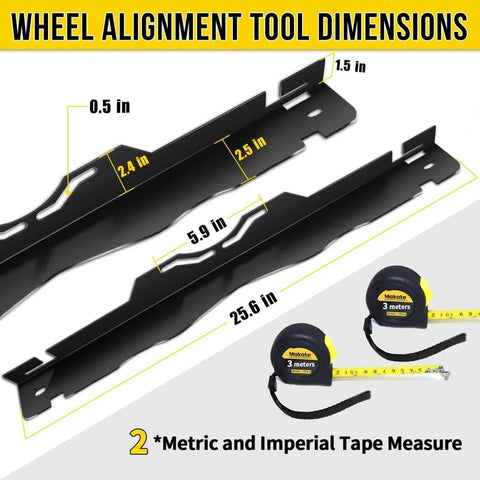Beefy Steel Toe Alignment Tool For Wheel Angles, Pro-Grade Wheel Alignment Kit With 2 Dual Metric And Imperial Tapes, Rust-Resistant Black Finish, tool dimensions and tapes shown