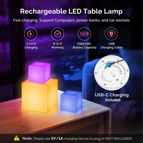 Rechargeable LED cubes on table, with 1000 mAh battery and USB-C charging, labeled as 7 Inch LED Mood Cube Light Vibe With 16 RGBW