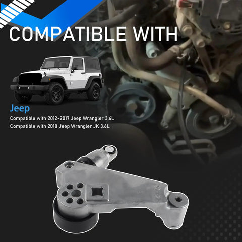 Jeep Wrangler Beefed Up Serpentine Drive Belt Tensioner Pulley Idler Kit For Three Point Six Liter V6 Engines Compatible with 2012-2017 JK and 2018 Wrangler Replaces 4627038AA KIT shown with compatible vehicles and engine.