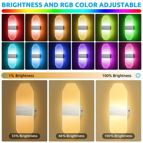 RGB LED Wall Sconce Lights With Stepless Dimming And Bluetooth Control, color and brightness options, 2 pack display