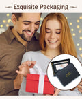 Smiling couple exchanging red gift box with RFID Blocking Leather Card Holder With Detachable Keychain Slim Wallet For Men And Women Everyday Carry Genuine Leather Pro Black External ID Window Keeps Cards Safe And Organized shown inside.