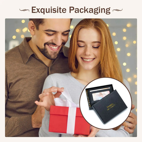 Smiling couple exchanging red gift box with RFID Blocking Leather Card Holder With Detachable Keychain Slim Wallet For Men And Women Everyday Carry Genuine Leather Pro Black External ID Window Keeps Cards Safe And Organized shown inside.