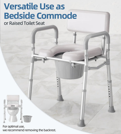 Adjustable Bedside Commode Toilet With Built Like A Tank Aluminum Frame And Heavy Duty Crossbar Featuring Thick Cushioned Seat Ergonomic Backrest Supports Up To 350lb And Non Skid Feet For Everyday Ease