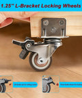 Smooth Rollin 1.25 Inch Rubber Side Mount Caster Wheels L Shaped Plate 360 Swivel Casters on a wooden surface with locking feature