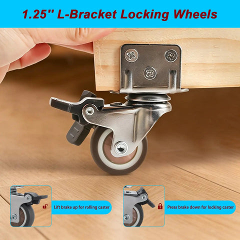 Smooth Rollin 1.25 Inch Rubber Side Mount Caster Wheels L Shaped Plate 360 Swivel Casters on a wooden surface with locking feature