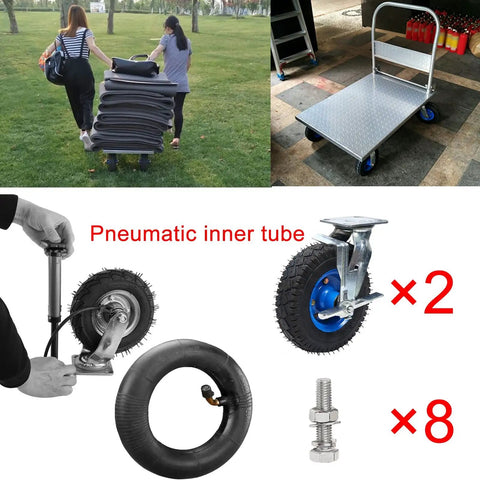 Heavy Duty Rubber Caster Wheels Set 8 and 10 Inch Pneumatic Swivels With Brakes, two casters and pneumatic inner tube for carts.