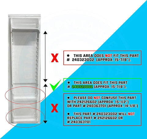 Diagram showing fit for Refrigerator Shelf Replacement 240323002 for Frigidaire Door Bin with sizing instructions.