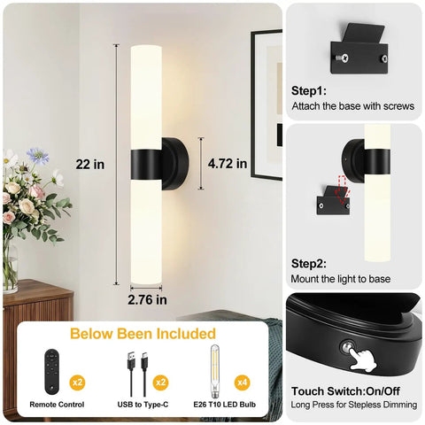 Rechargeable Wall Sconces Set of Two, Modern Matte Battery Operated Wall Light Fixtures with Remote Control, Dimmable Wireless Wall Sconces with Milky Glass for Bathroom Mirror Bedroom Living Room, 22in height