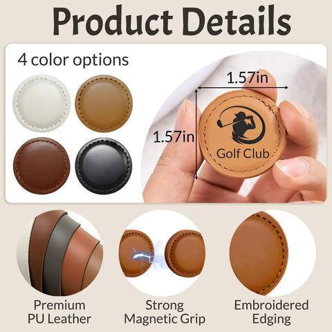 Custom Golf Ball Markers With Logo Text Laser Engraving Magnetic Leather Marker Set Personalized Golf Accessories Bulk Pack For Your Club Pro Grade PU Leather Durable Design Initials Or Logo Engraved For A Standout Game with color options and size details.