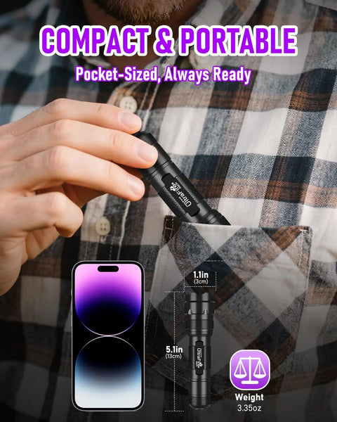 Handheld UV Flashlight Blacklight 395 405 Nm Led shown pocket-sized for portable use with size comparison to a smartphone