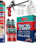 Heavy Duty Fire Rated Spray Foam Insulation Kit Delivers Knockout Seal Coverage For 960 Square Feet On Walls And Attics Includes Pro Spray Gun And Fast Clean Formula For No Sweat Draft Sealing, featuring cans, spray gun, gloves, and protective gear.