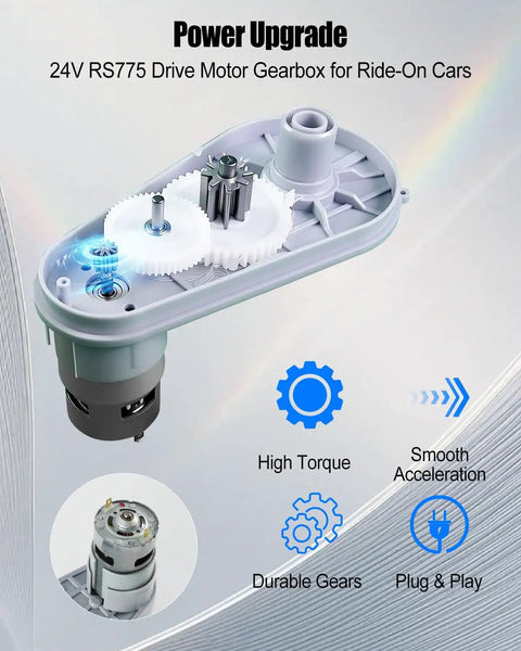 Beefed Up 24V RS775 High Speed Gearbox For Ride On Cars with metal gears and torque features shown