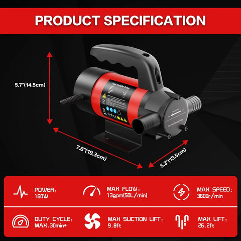 High Output Premium 12 Volt Electric Fuel Transfer Pump Moves 13 Gallons Per Minute With Straight Shooter Nozzle And Durable Hose specifications with dimensions.