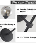 Sleek Smoke Grey Glass Globe Wall Sconce In Black Matte Finish With Slim Long Wall Mount Lamp Vintage Industrial Vibe components