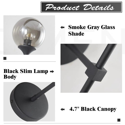 Sleek Smoke Grey Glass Globe Wall Sconce In Black Matte Finish With Slim Long Wall Mount Lamp Vintage Industrial Vibe components