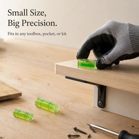 Bubble Level Vial, Spirit Level in use, small green cylindrical vials on wood surface, ideal for DIY projects.