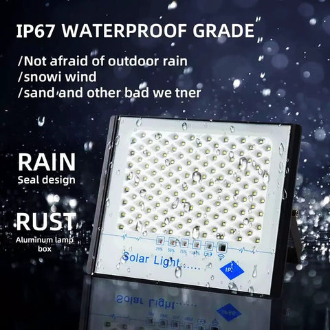 JUDYSSY Solar Street Light W/Remote Control, Led Solar Flood Lights Outdoor, IP67 waterproof with aluminum frame design.