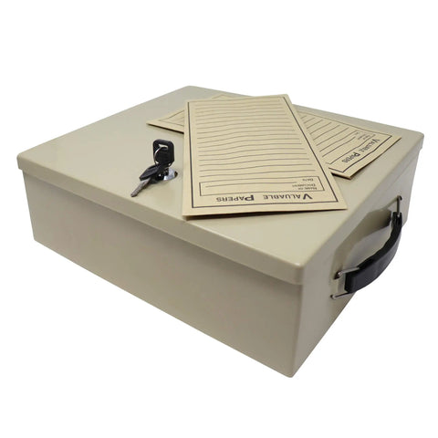 Beefy Heavy Duty Fire Retardant Steel Security Box With Keyed Lock Large Capacity Fits 9 By 12 Folders Double Insulated For Fire Protection Portable Handles Includes Lock And Two Keys.