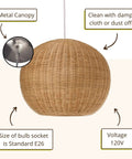 Handwoven Wicker Ball Pendant Light 18 Inch Ceiling Fixture With Adjustable Cord Natural Finish Creates Cozy Warm Glow