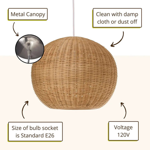 Handwoven Wicker Ball Pendant Light 18 Inch Ceiling Fixture With Adjustable Cord Natural Finish Creates Cozy Warm Glow