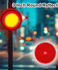 3 inch round reflector shown installed on roadside post, highlighting its high visibility in urban environment, ideal for safety