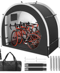 39.4 Inch Wider All Weather Outdoor Storage Shed Tent For Bikes And Motorcycles Including E Bikes And E Scooters Lawn Mower And RV Travel Shelter shown with red bicycles inside, black color, includes carrying bag and assembly parts
