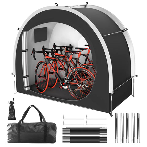 39.4 Inch Wider All Weather Outdoor Storage Shed Tent For Bikes And Motorcycles Including E Bikes And E Scooters Lawn Mower And RV Travel Shelter shown with red bicycles inside, black color, includes carrying bag and assembly parts