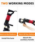Two working modes of Beefy 22 Ton Electric Hydraulic Hole Puncher With 1400W Copper Motor, showing platform and hand use.