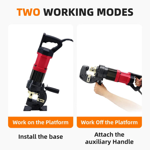 Two working modes of Beefy 22 Ton Electric Hydraulic Hole Puncher With 1400W Copper Motor, showing platform and hand use.