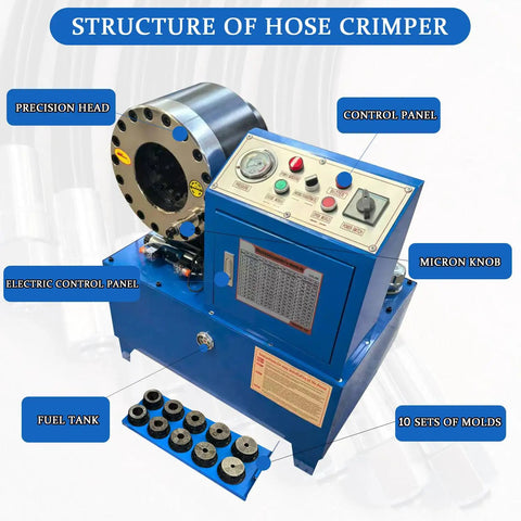 Pro Shop Workhorse Electric Hose Crimper Equipped With High Pressure Hydraulic Tube Press for heavy duty pipe jobs, with control panel and molds.