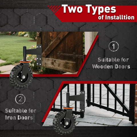 Hella Sturdy 8 Inch Gate Wheel To Fix Sagging Wood And Metal Fences With 600 Lb Swivel Capacity shown in installation types.