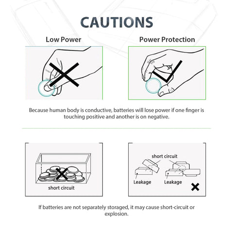 Cautions for Five Pack CR1620 3V Lithium Coin Button Batteries showing power storage safety tips and risks of short-circuit.