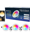 ZigBee 3.0 Smart Retrofit Recessed Lighting 5″,RGBWW LED Downlight 3 Pack displayed with smartphone app showing color options.
