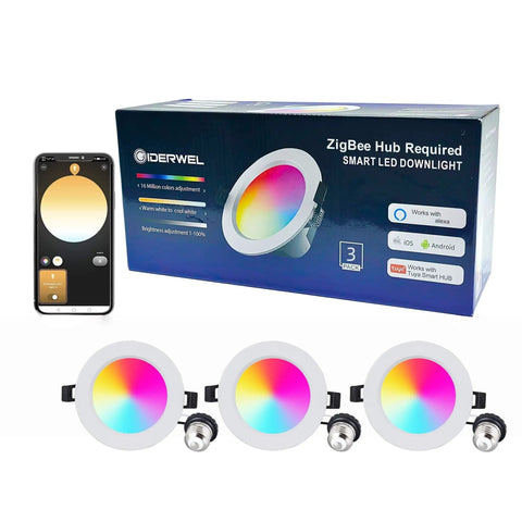 ZigBee 3.0 Smart Retrofit Recessed Lighting 5″,RGBWW LED Downlight 3 Pack displayed with smartphone app showing color options.