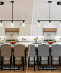 3 Light Black Kitchen Island Lighting Fixture Over Table Totally Modern Linear Chandelier With Clear Glass Shades Lit and Unlit