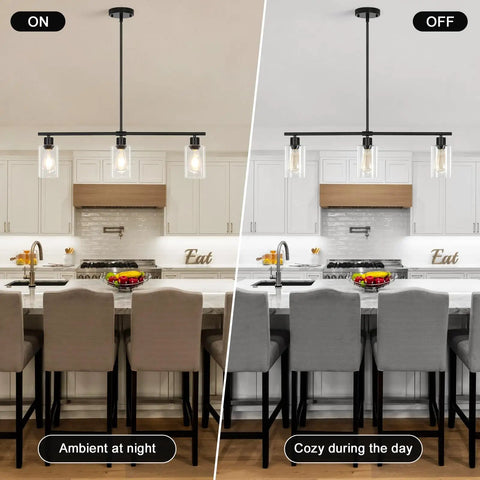 3 Light Black Kitchen Island Lighting Fixture Over Table Totally Modern Linear Chandelier With Clear Glass Shades Lit and Unlit