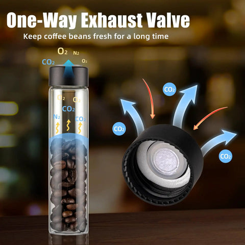 One-Way Exhaust Valve for Coffee Canister Set with a clear tube containing coffee beans and air flow arrows.