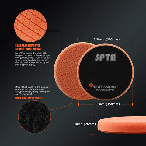 Five Pack 6.5 Inch Buffing Polishing Pads for 6 Inch Backing Plate, highlighted orange sponge texture and flannel material.