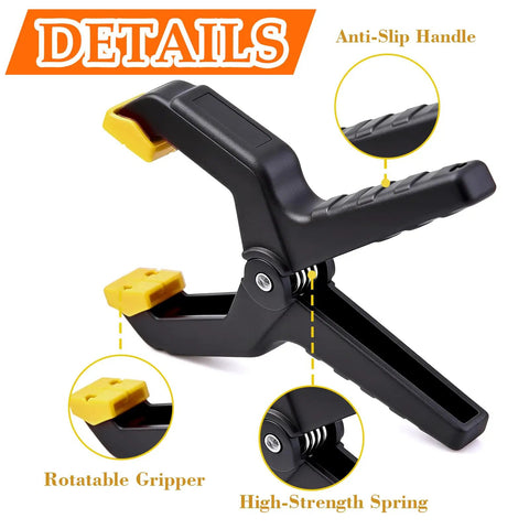 Grab This Killer 18 Pack Spring Clamps for Woodworking Pros And Balloon Decor Masters, Featuring Strong Grip Nylon Plastic Clips That Hold Tarps And Backdrops Tight With Easy Release Action For Your Next Big Craft Project Showdown. black spring clamp with yellow pads, anti-slip handle
