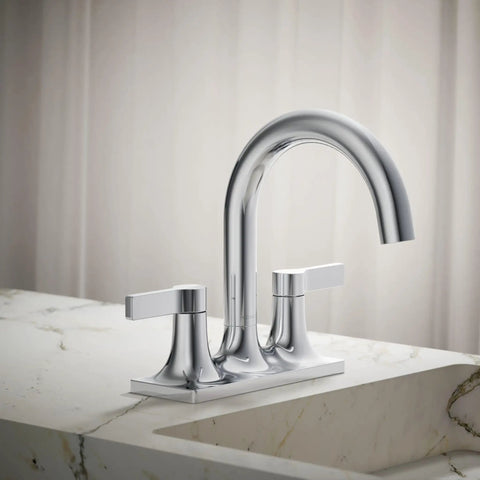 Venza Centerset Bathroom Sink Faucet With Dual Levers, 3 Hole Mount, 1.2 GPM, polished chrome finish on marble countertop