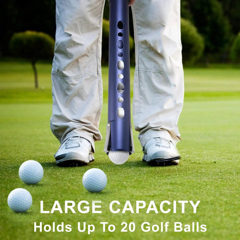 Man using Premium Aluminum Alloy Golf Ball Retriever With Shag Tube Holds 20 Balls, Lightweight Rustproof Ball Picker Upper For Green Tee Box.