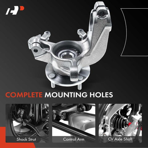 Plug And Play Front Right Steering Knuckle And Wheel Bearing Hub Assembly For Ford Focus 2000 2001 2002 2003 2004 Passenger Side Direct Fit Replacement ABS And Non ABS Compatible shown with complete mounting holes