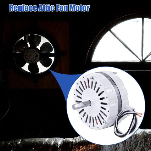 White Attic Fan Replacement Motor Kit For Lomanco 2000 Series Attic Vent Fans Includes F0510B2944 Power Unit Bridges And Nylon Locking Nuts Durable Easy Install Designed To Restore Airflow And Efficiency In Hot Attics product image showing motor and installed view in attic