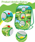 4 In 1 Kids Golf Set three sided chipping net with target zones, trees, and flag illustrations for indoor and outdoor play