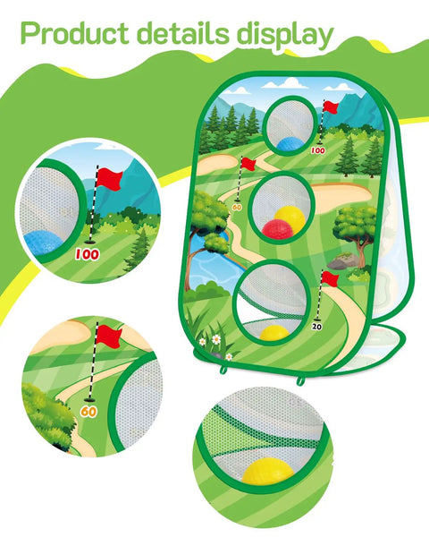 4 In 1 Kids Golf Set three sided chipping net with target zones, trees, and flag illustrations for indoor and outdoor play